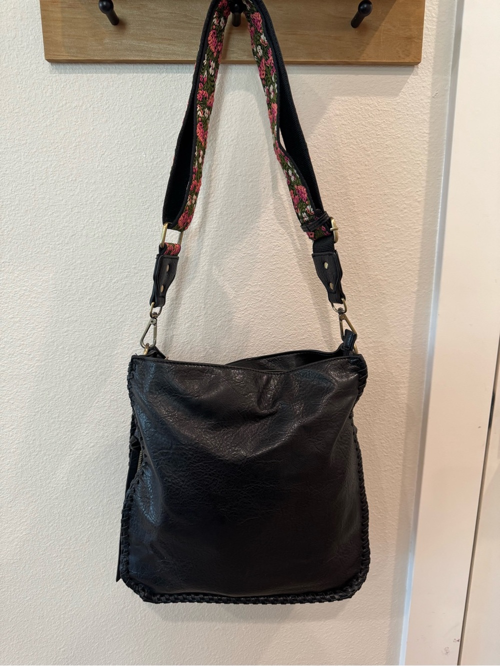 Antik Kraft Black Hobo Shoulder Bag with Floral Strap